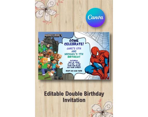 Twin Minecraft and Spiderman Invitation | Canva Template